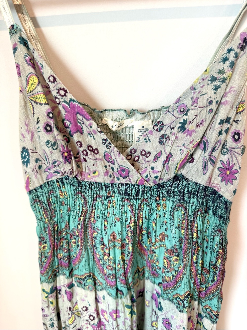 Wildflower Boho Bohemian Hippie Paisley Spaghetti-Strap Dress in Teal and Cream - Picture 2 of 3